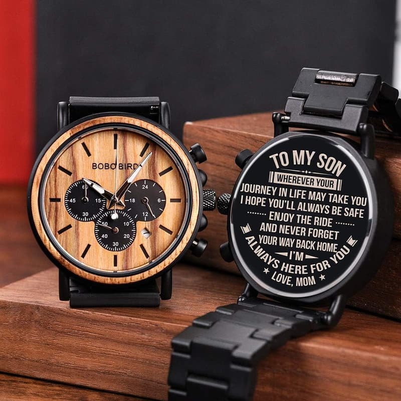 Personalized Engraved Wooden and Stainless Steel Watch for Men