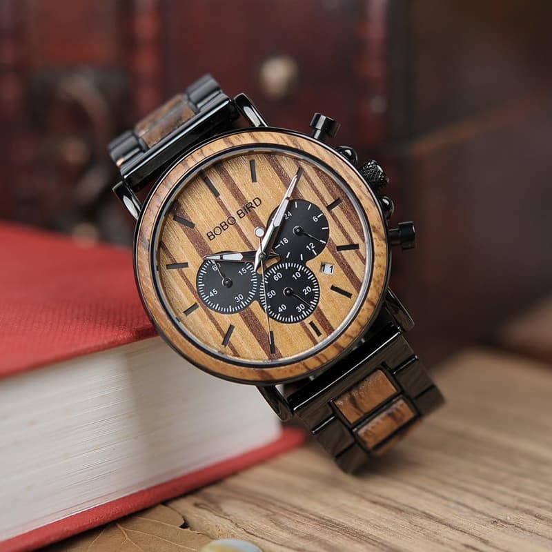 Personalized Engraved Wooden and Stainless Steel Watch for Men