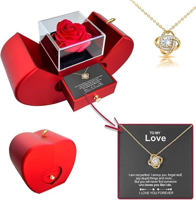 Handmade Red Rose Necklace with Jewelry Box & 