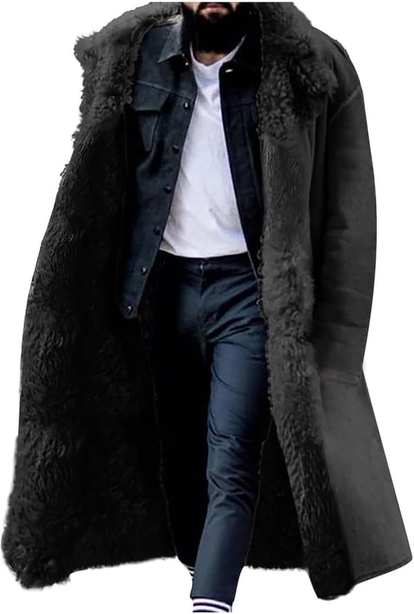 Men's Faux Leather Sherpa-Lined Winter Trench Coat