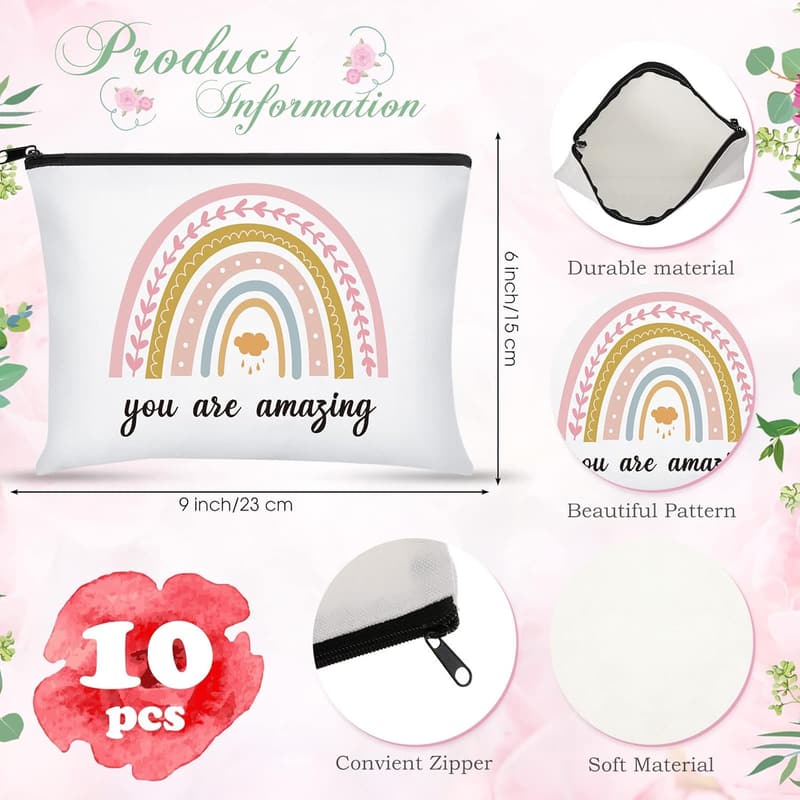 Graduation Gift - 10-Piece Inspirational Canvas Makeup Bags for Women
