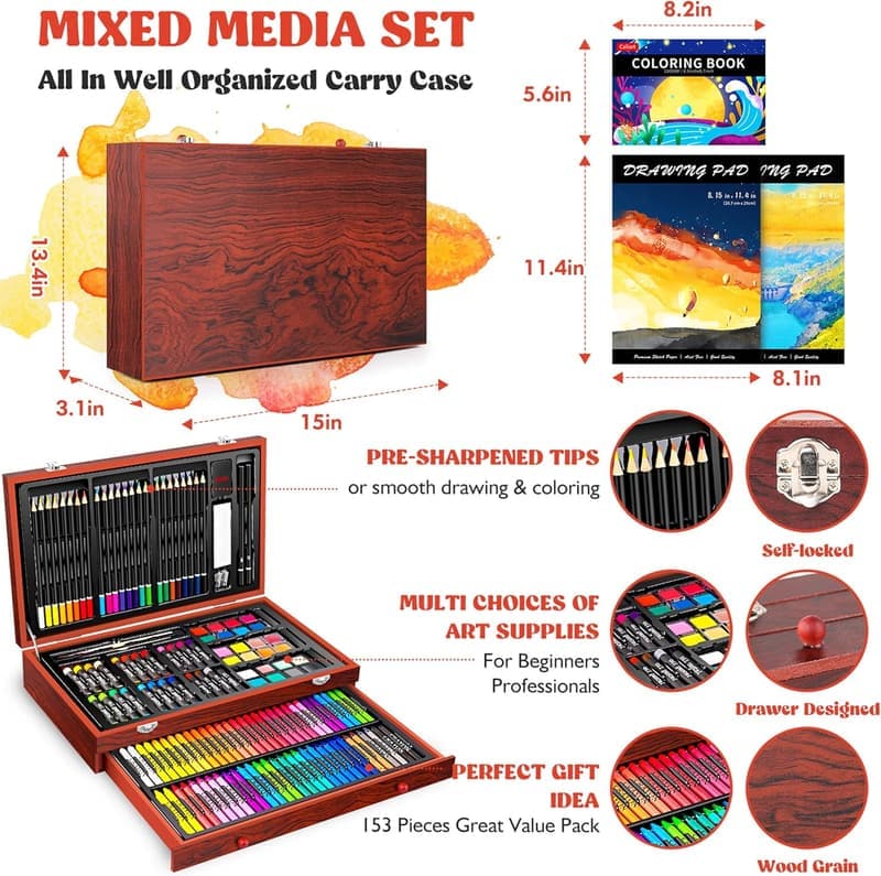 Deluxe 153-Pack Wooden Art Set for Kids & Beginners