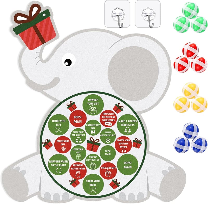 Christmas White Elephant Dart Board Game with 12 Sticky Balls