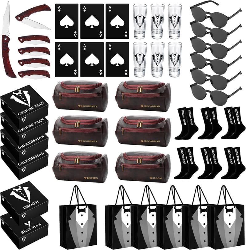Groomsmen Gift Set: 6-Piece Proposal Box with Shot Glasses & Accessories