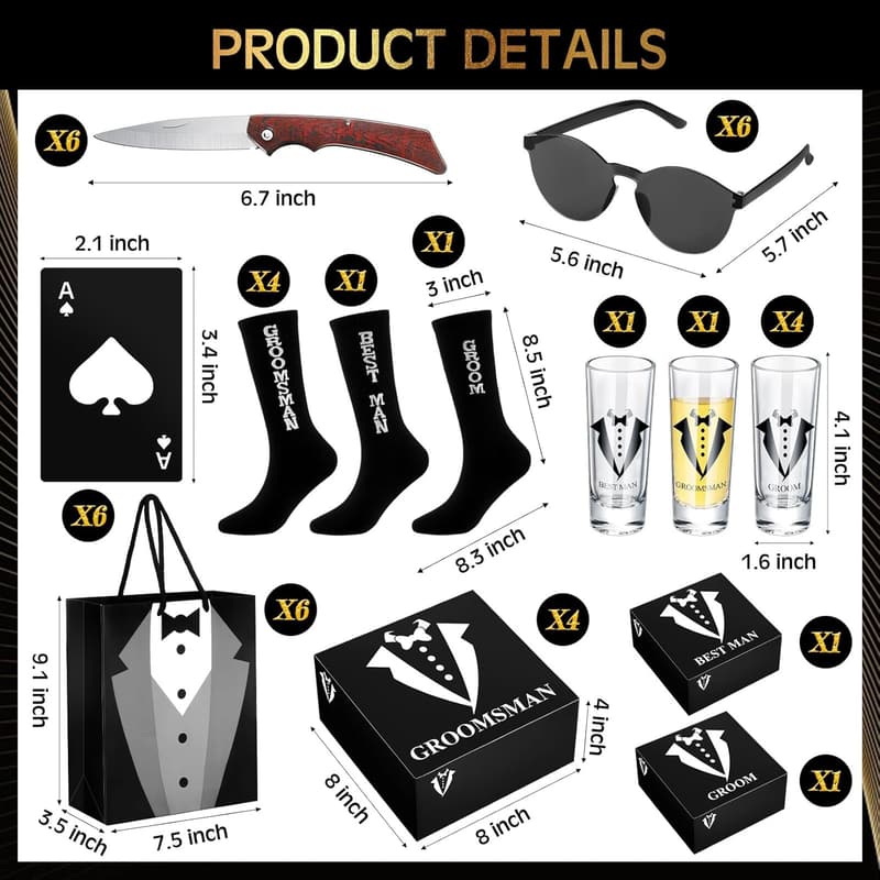 Groomsmen Gift Set: 6-Piece Proposal Box with Shot Glasses & Accessories