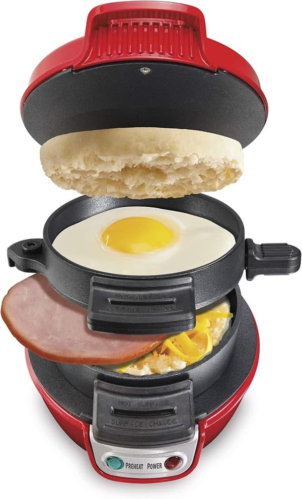 Breakfast Sandwich Maker with Egg Cooker Ring, Red