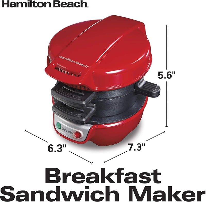 Breakfast Sandwich Maker with Egg Cooker Ring, Red