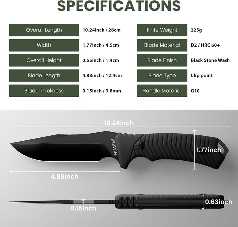 Bushcraft Survival Knife - D2 Steel Fixed Blade for Camping
