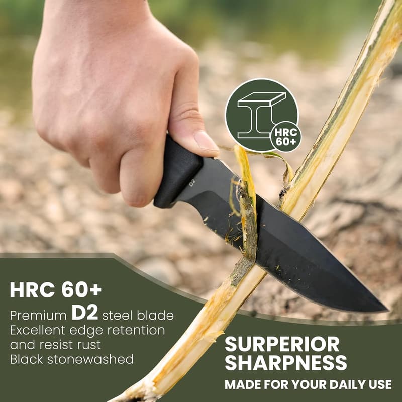 Bushcraft Survival Knife - D2 Steel Fixed Blade for Camping