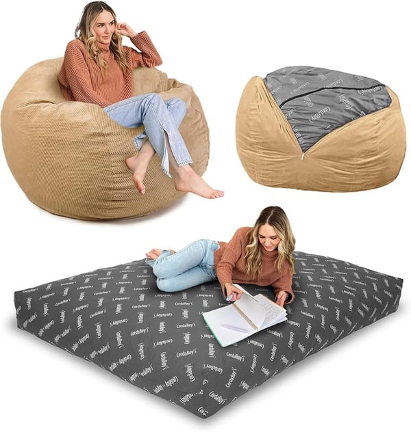 Queen Size Chenille Bean Bag Chair & Bed - Tan, Machine Washable