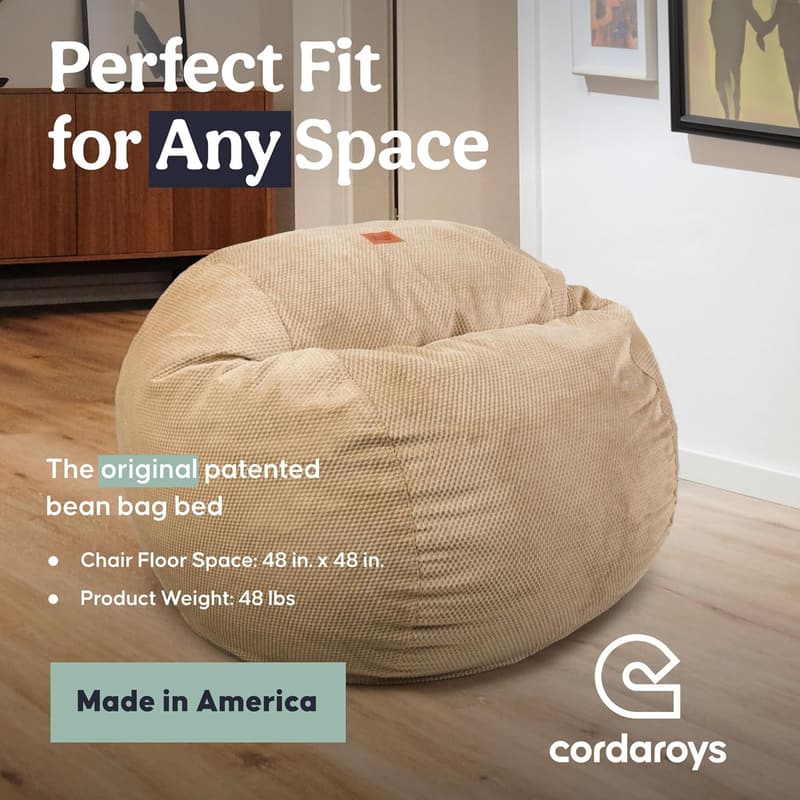 Queen Size Chenille Bean Bag Chair & Bed - Tan, Machine Washable