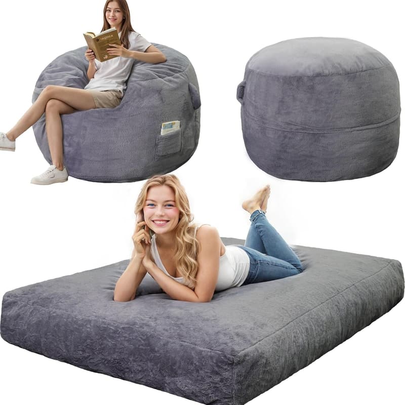 Convertible Faux Fur Bean Bag Sofa Bed for Adults, Dark Gray