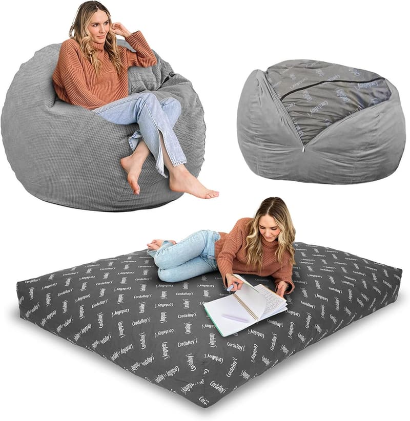 Chenille Bean Bag Chair & Bed - Full Size, Machine Washable, Charcoal