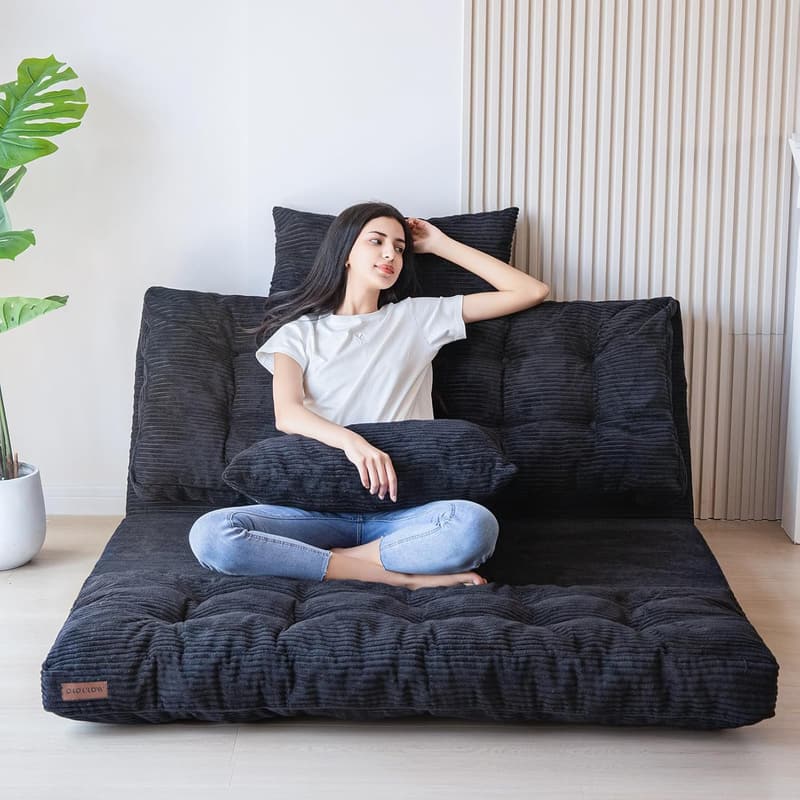 Extra Thick Folding Bean Bag Sofa Bed for Adults - Black, 39x91 Inch