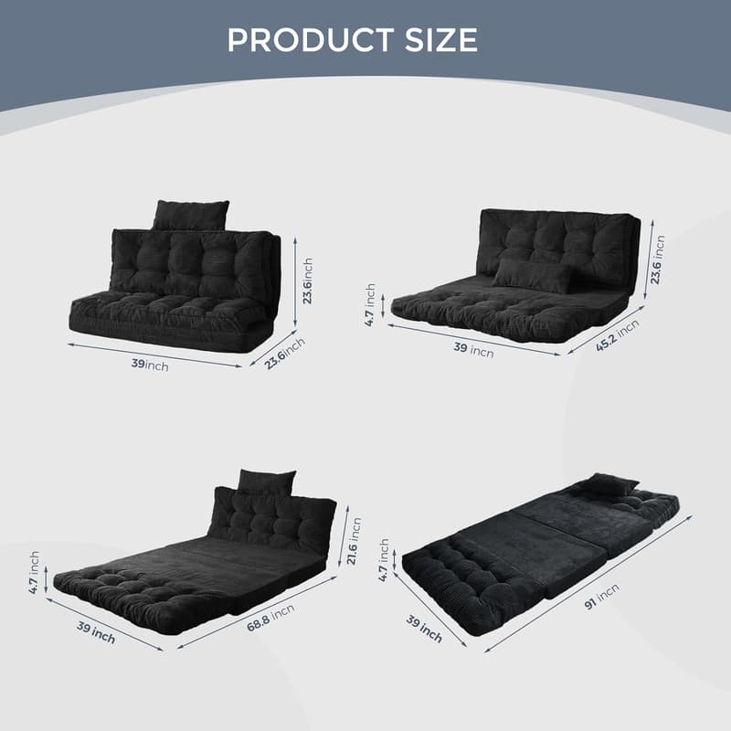 Extra Thick Folding Bean Bag Sofa Bed for Adults - Black, 39x91 Inch