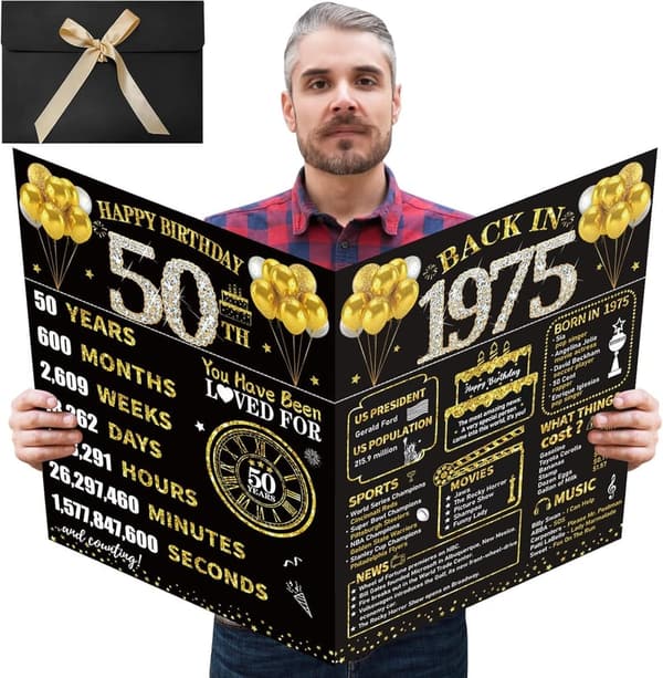 50th Birthday Giant Card with Envelope - Black & Gold Design