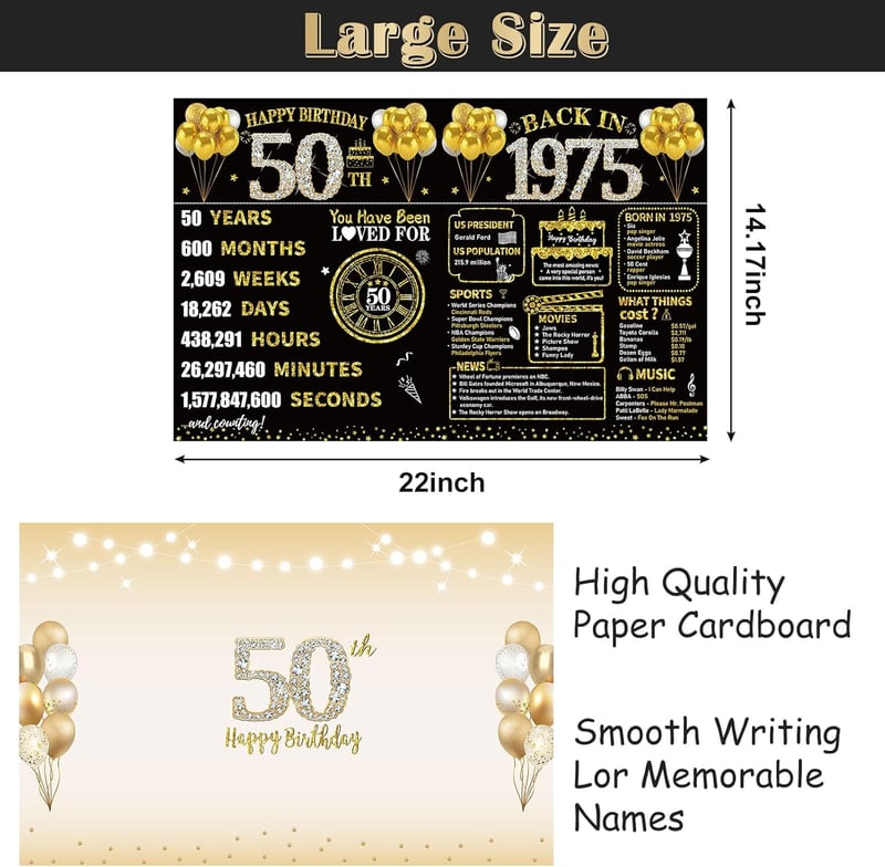 50th Birthday Giant Card with Envelope - Black & Gold Design