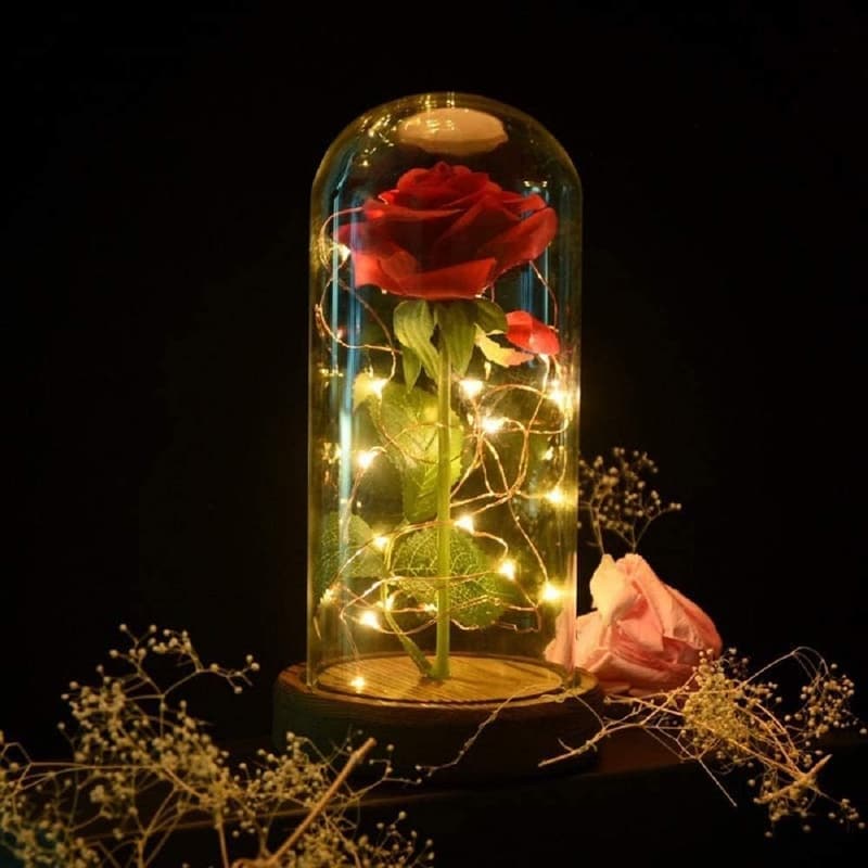 Preserved Red Silk Rose in Glass Dome with LED Lights - Romantic Gift for Women
