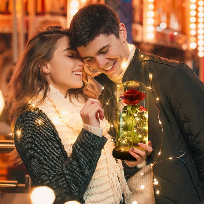 Preserved Red Silk Rose in Glass Dome with LED Lights - Romantic Gift for Women