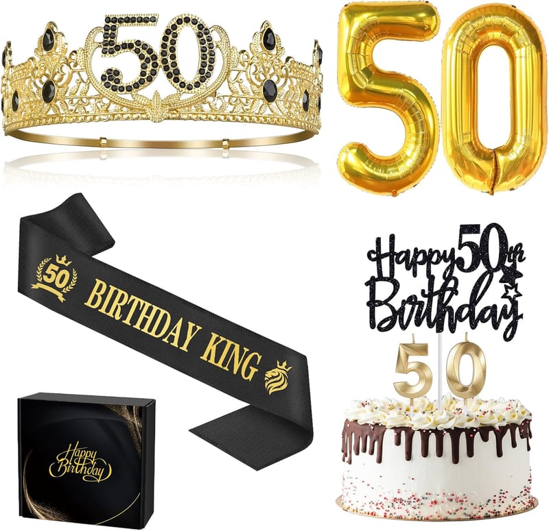 50th Birthday Party Supplies Set for Men – Crown, Sash, Balloons, Cake Topper, Candles