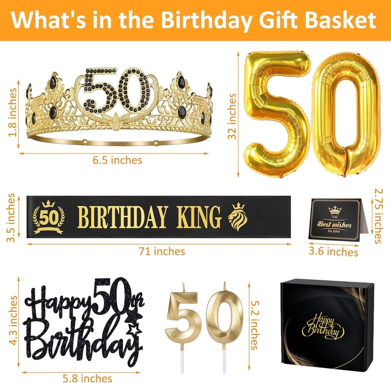50th Birthday Party Supplies Set for Men – Crown, Sash, Balloons, Cake Topper, Candles