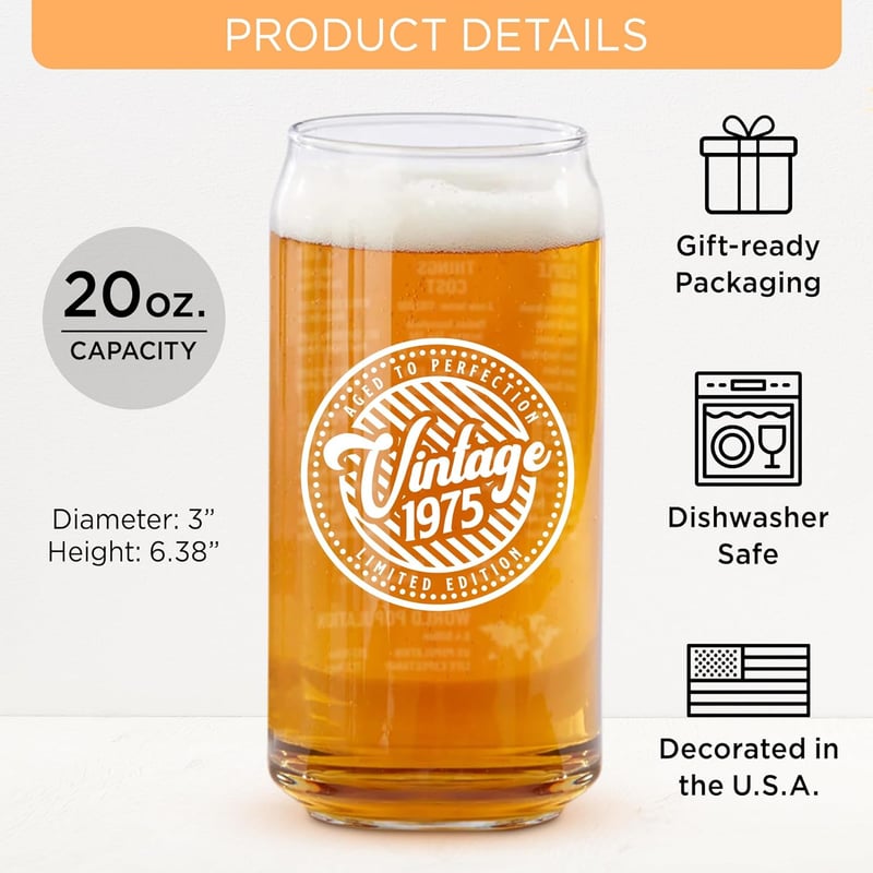 50th Birthday Vintage Beer Can Glass - 20 oz, 2-Sided