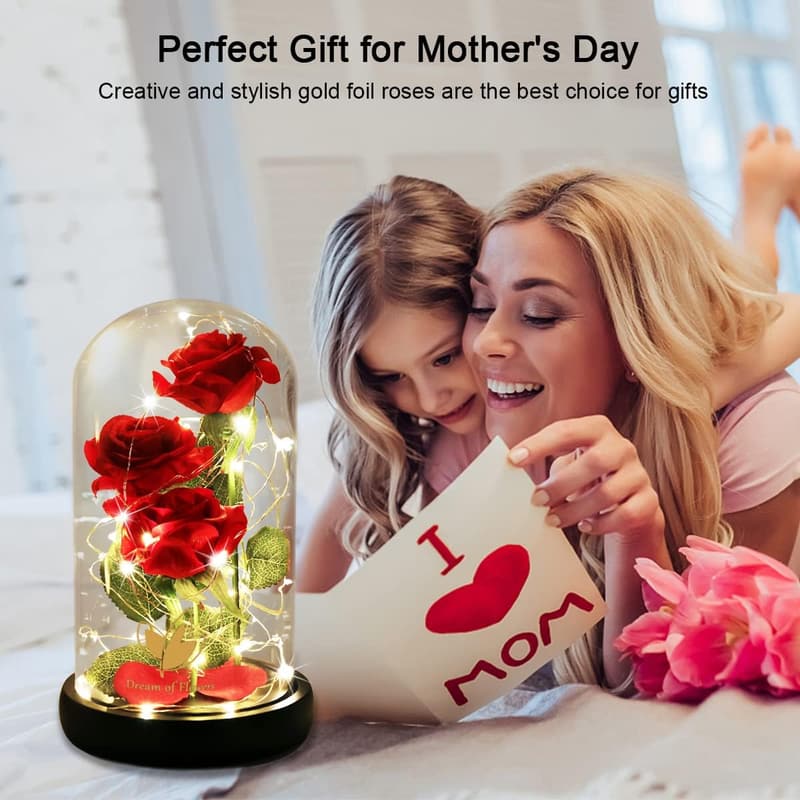 Mother's Day Glass Dome Rose Gift with Lights for Women