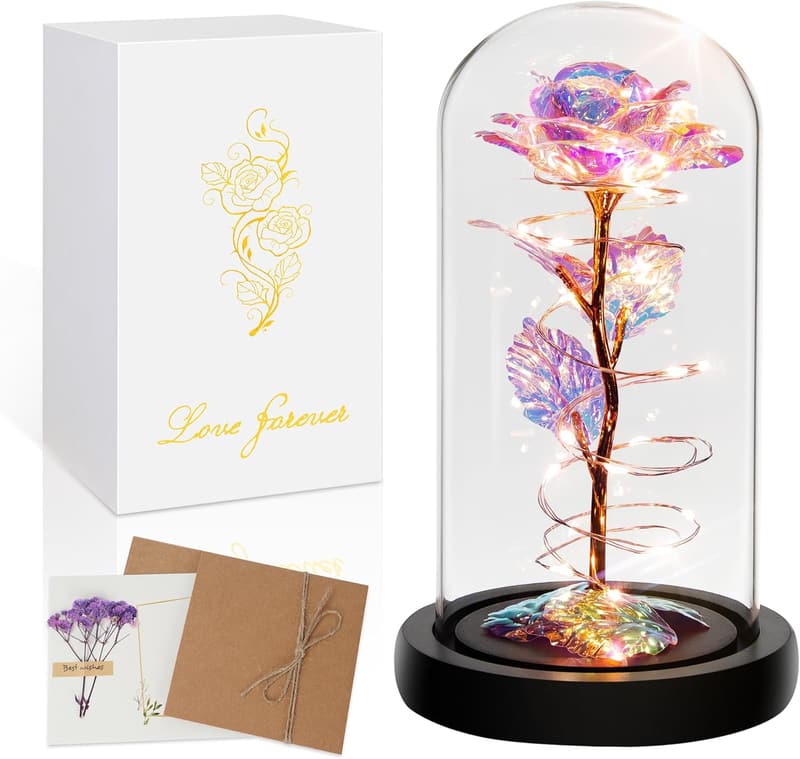 Colorful Light-Up Rose in Glass Dome for Mother's Day