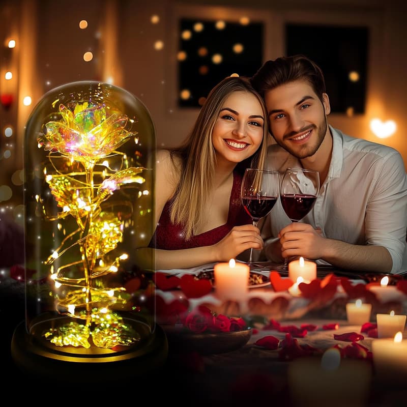 Colorful Light-Up Rose in Glass Dome for Mother's Day