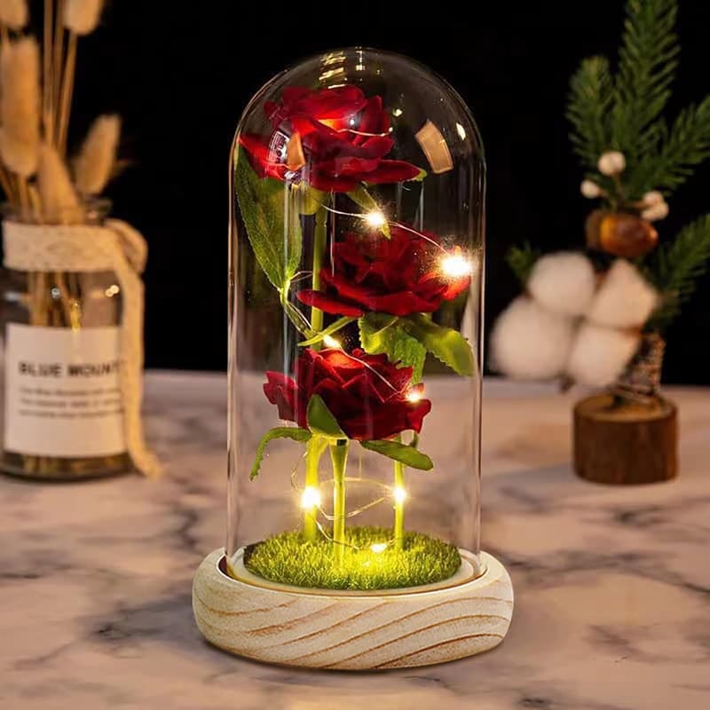 Mother's Day Glass Rose Gift - Enchanted Red Silk in Dome