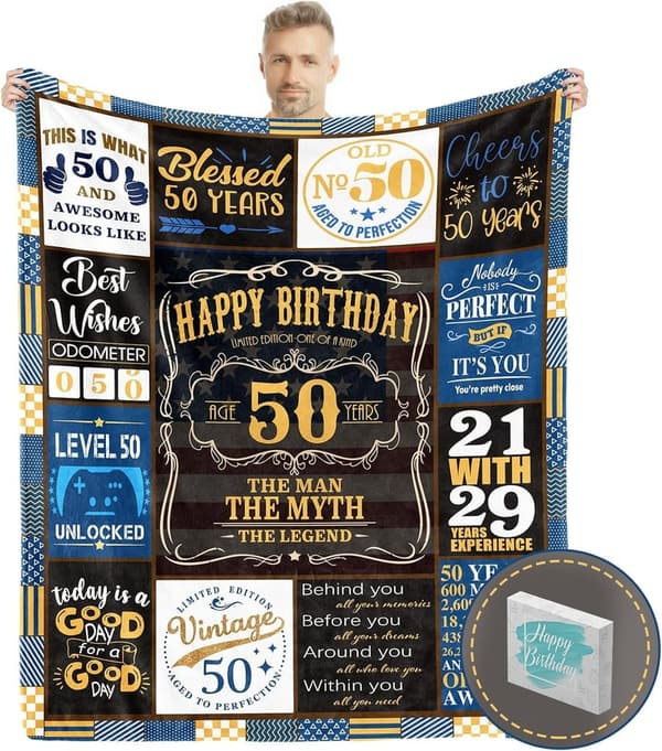 50th Birthday Gifts for Men - Funny Blanket with Gift Box