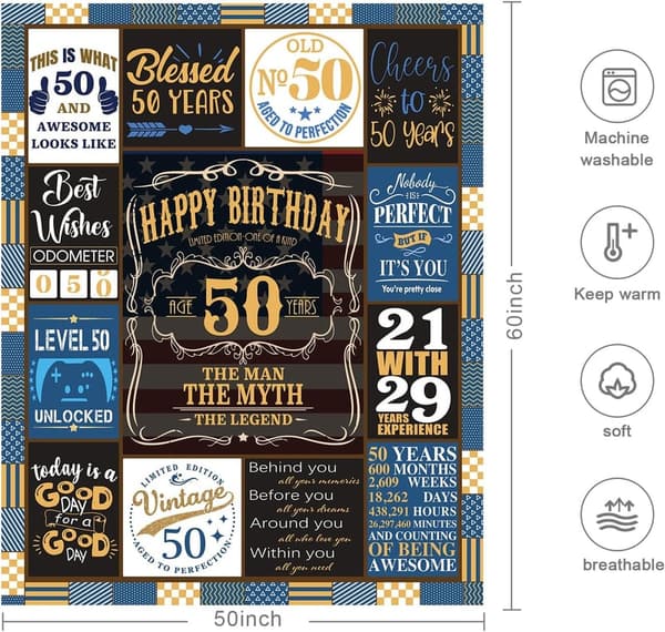 50th Birthday Gifts for Men - Funny Blanket with Gift Box