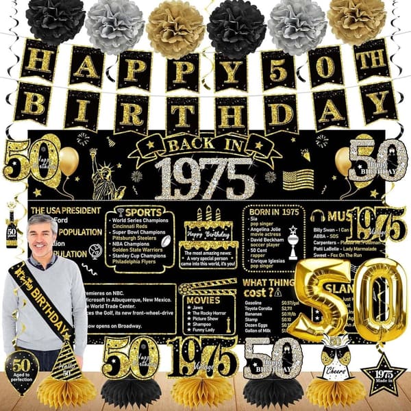 50th Birthday Party Supplies, 21pcs Vintage Black Gold Set