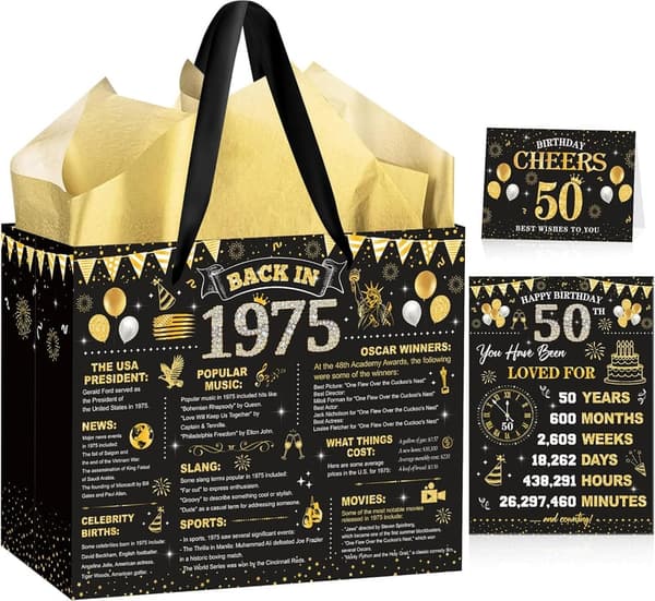 50th Birthday Gift Bag for Men & Women - Black Gold Design