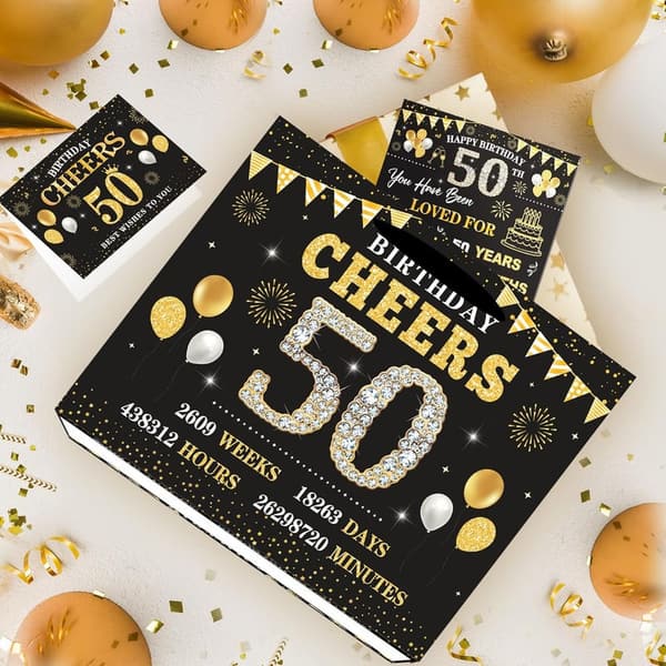 50th Birthday Gift Bag for Men & Women - Black Gold Design