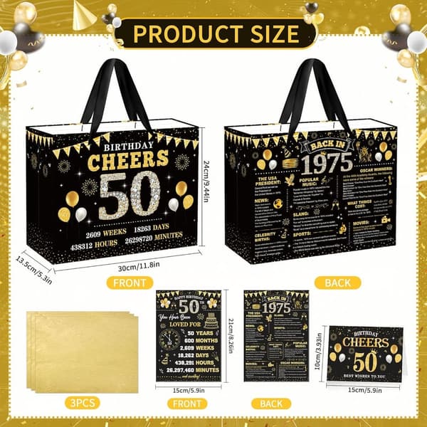 50th Birthday Gift Bag for Men & Women - Black Gold Design