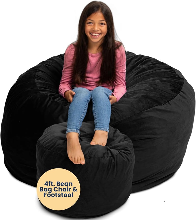 Oversized 4ft Black Suede Bean Bag Chair & Footstool