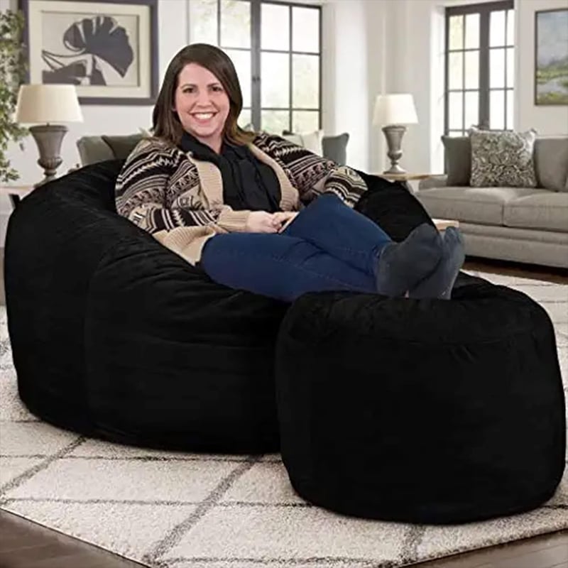 Oversized 4ft Black Suede Bean Bag Chair & Footstool