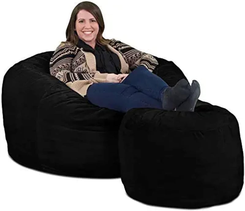 Oversized 4ft Black Suede Bean Bag Chair & Footstool