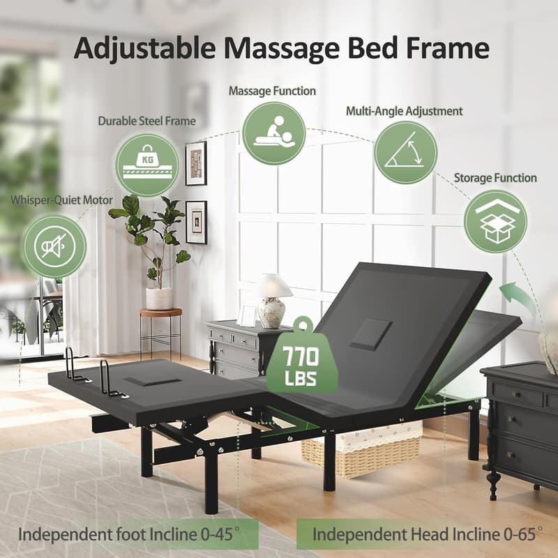 Adjustable Twin XL Massage Bed Frame with Wireless Remote and USB Port