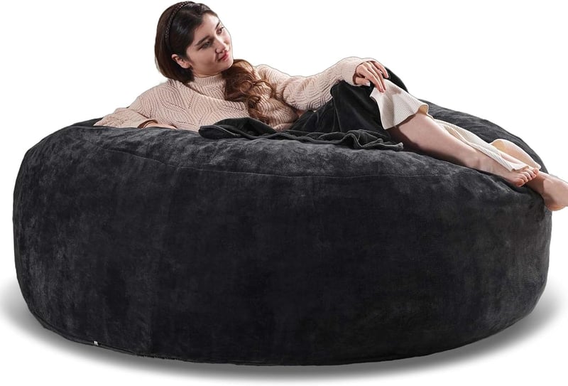 Oversized 7FT Black Bean Bag Chair for Adults - Soft Flannel, Washable Cover