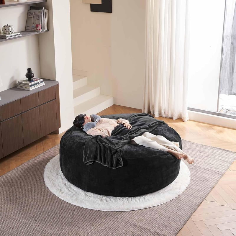 Oversized 7FT Black Bean Bag Chair for Adults - Soft Flannel, Washable Cover