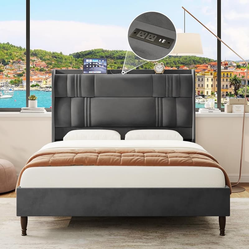Upholstered Queen Bed Frame with Charging Station & Storage - Dark Grey