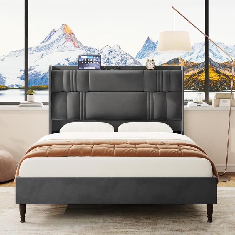 Upholstered Queen Bed Frame with Charging Station & Storage - Dark Grey