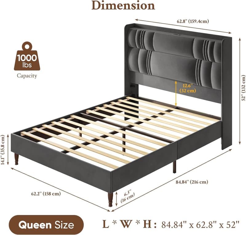Upholstered Queen Bed Frame with Charging Station & Storage - Dark Grey