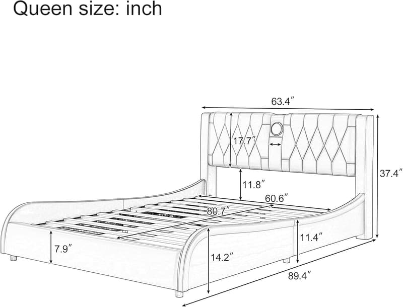 Modern Queen Size LED Bed Frame with Bluetooth Speaker, Faux Leather