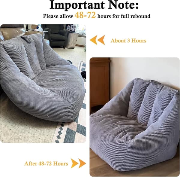 Large Comfy Grey Corduroy Bean Bag Chair for Adults