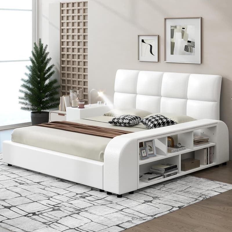 Upholstered Queen Platform Bed with Nightstand & Storage