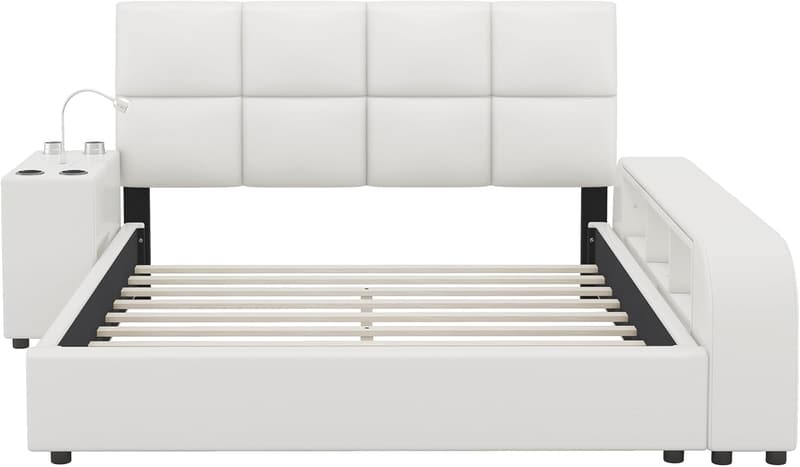 Upholstered Queen Platform Bed with Nightstand & Storage