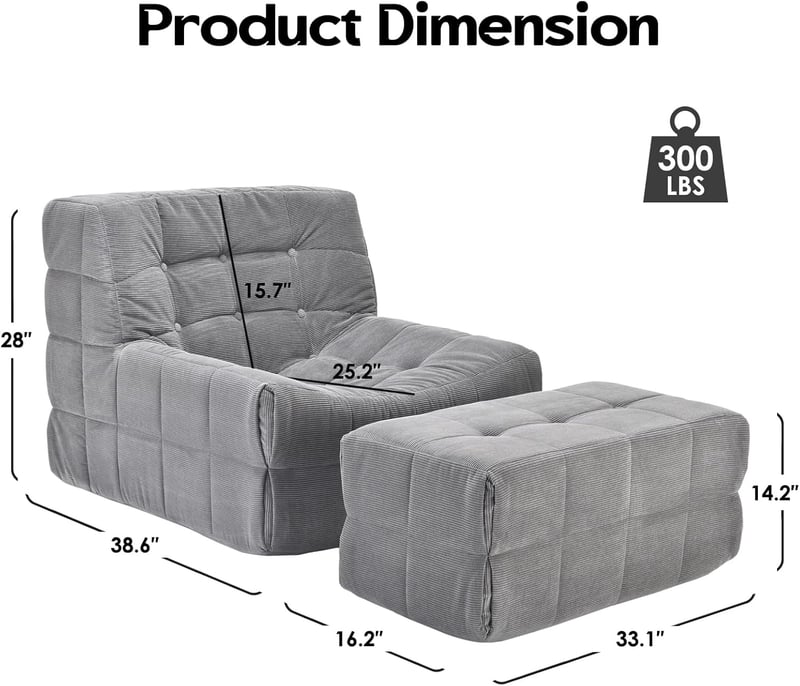 Oversized Memory Foam Bean Bag Chair with Ottoman for Adults